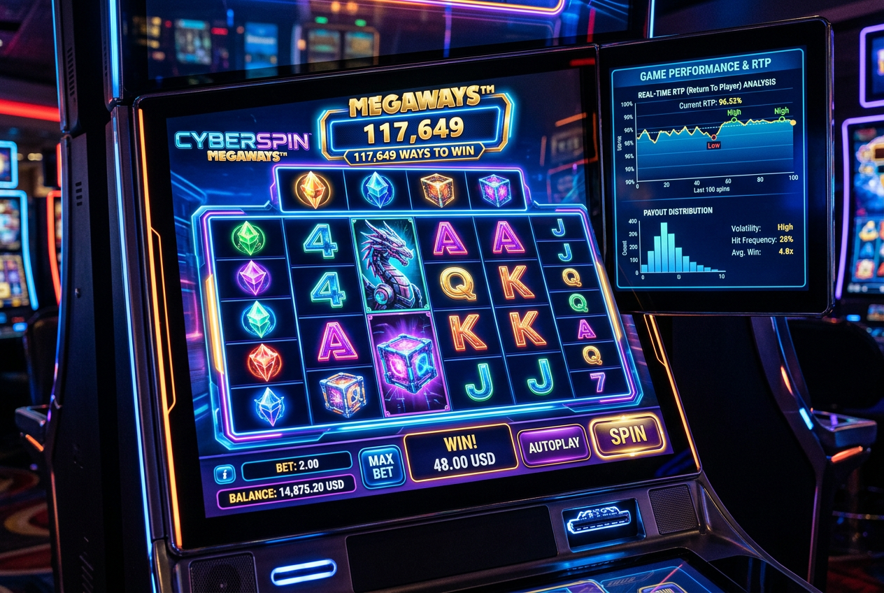 Modern slot machine digital interface with complex mechanics and neon lights