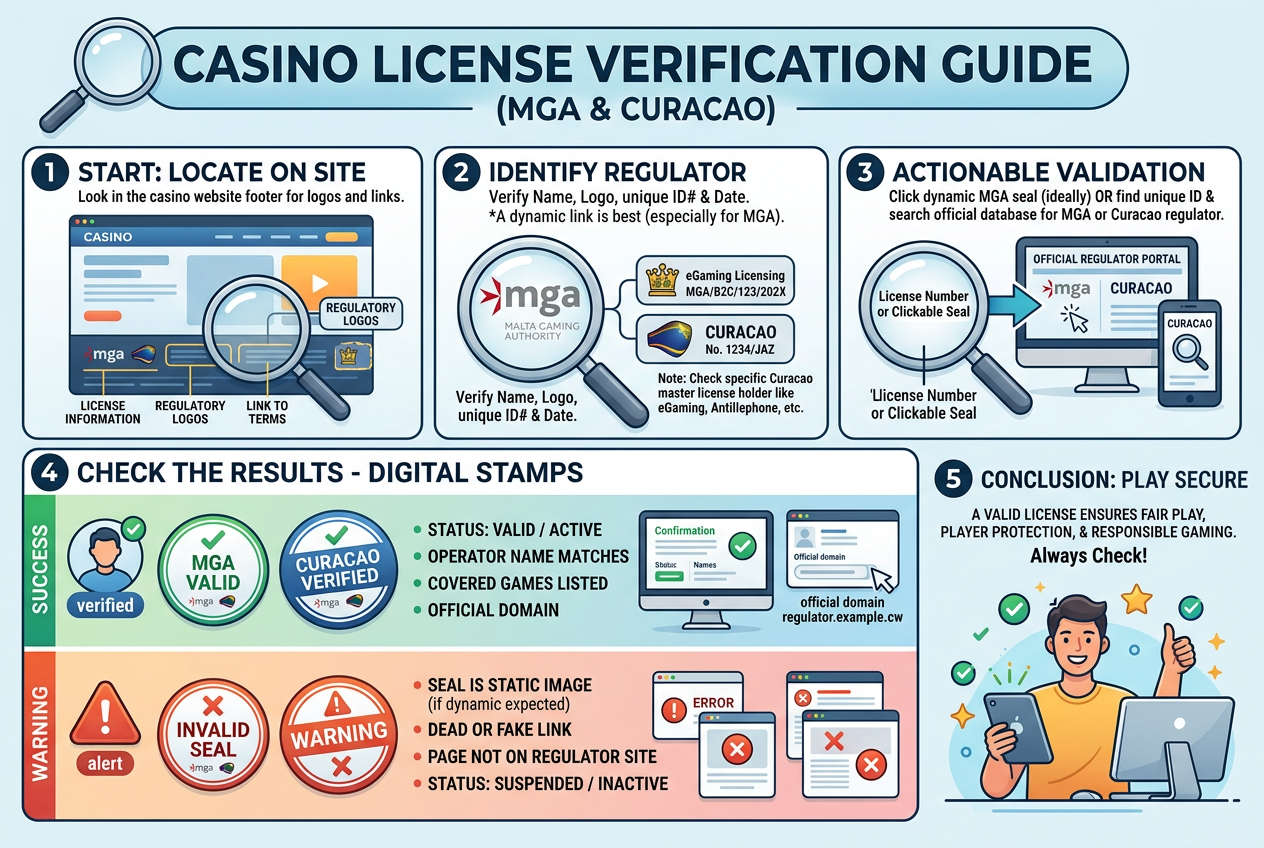 Infografika przedstawiająca schemat weryfikacji licencji kasyn online MGA i Curacao