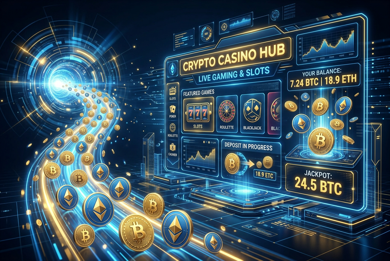 Wizualizacja zalet krypto kasyn w Polsce - Bitcoin i Ethereum wpływające do nowoczesnego interfejsu kasyna