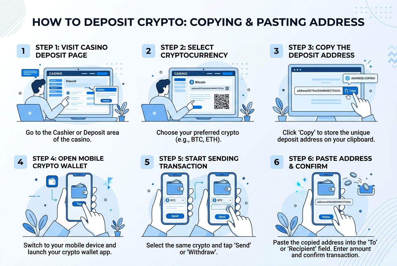 Infografika procesu wpłaty kryptowalut do kasyna - kopiowanie adresu portfela i wklejanie go do aplikacji mobilnej
