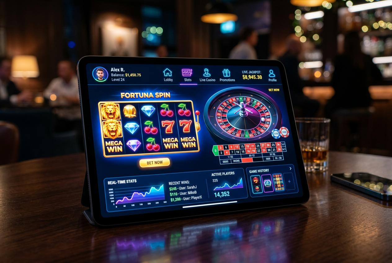 Nowoczesny interfejs kasyna online z grami typu slot i ruletka na tablecie