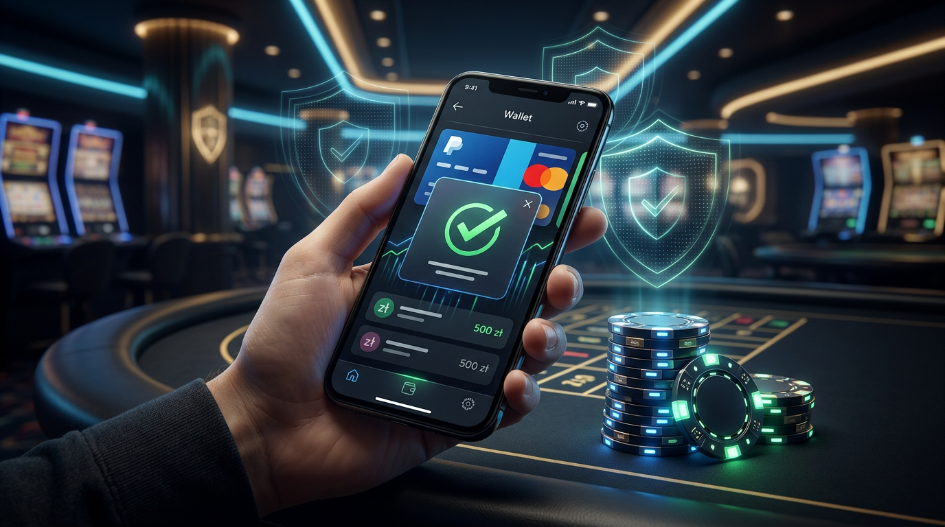 Smartfon z aplikacją PayPal i żetony kasynowe na ciemnym tle premium