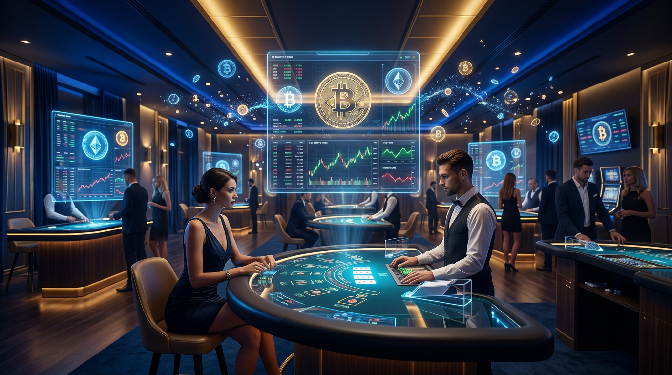 Luksusowe krypto kasyno z hologramami Bitcoina i nowoczesną technologią blockchain.