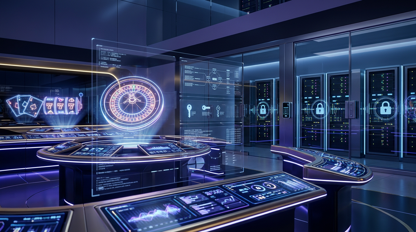 Futuristic online casino hub in 2026 with holographic interfaces and cybersecurity analytics