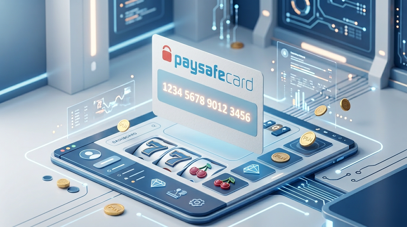 Grafika przedstawiająca kartę Paysafecard na tle nowoczesnego kasyna online