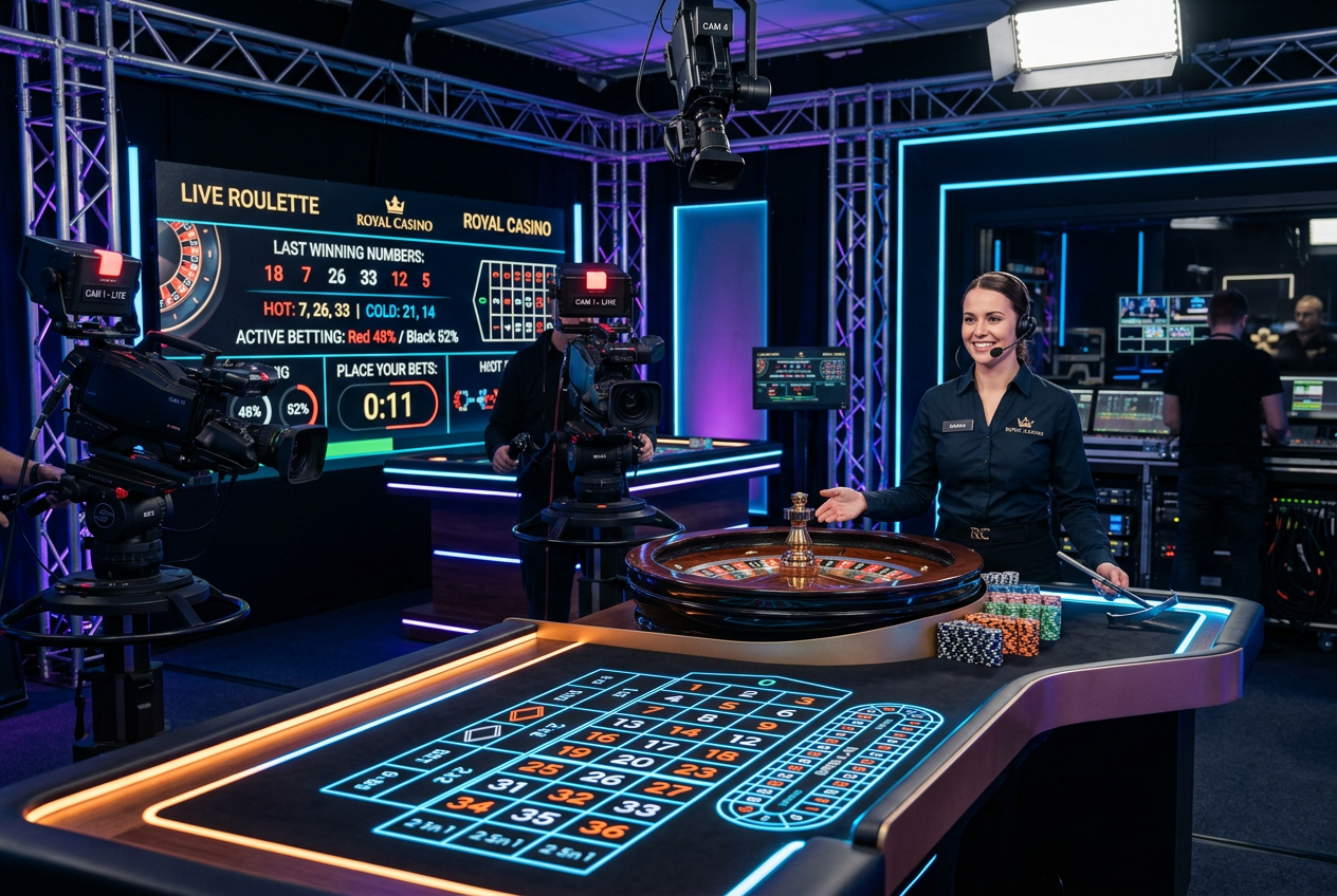 Professional live casino studio with high definition cameras and elegant dealer