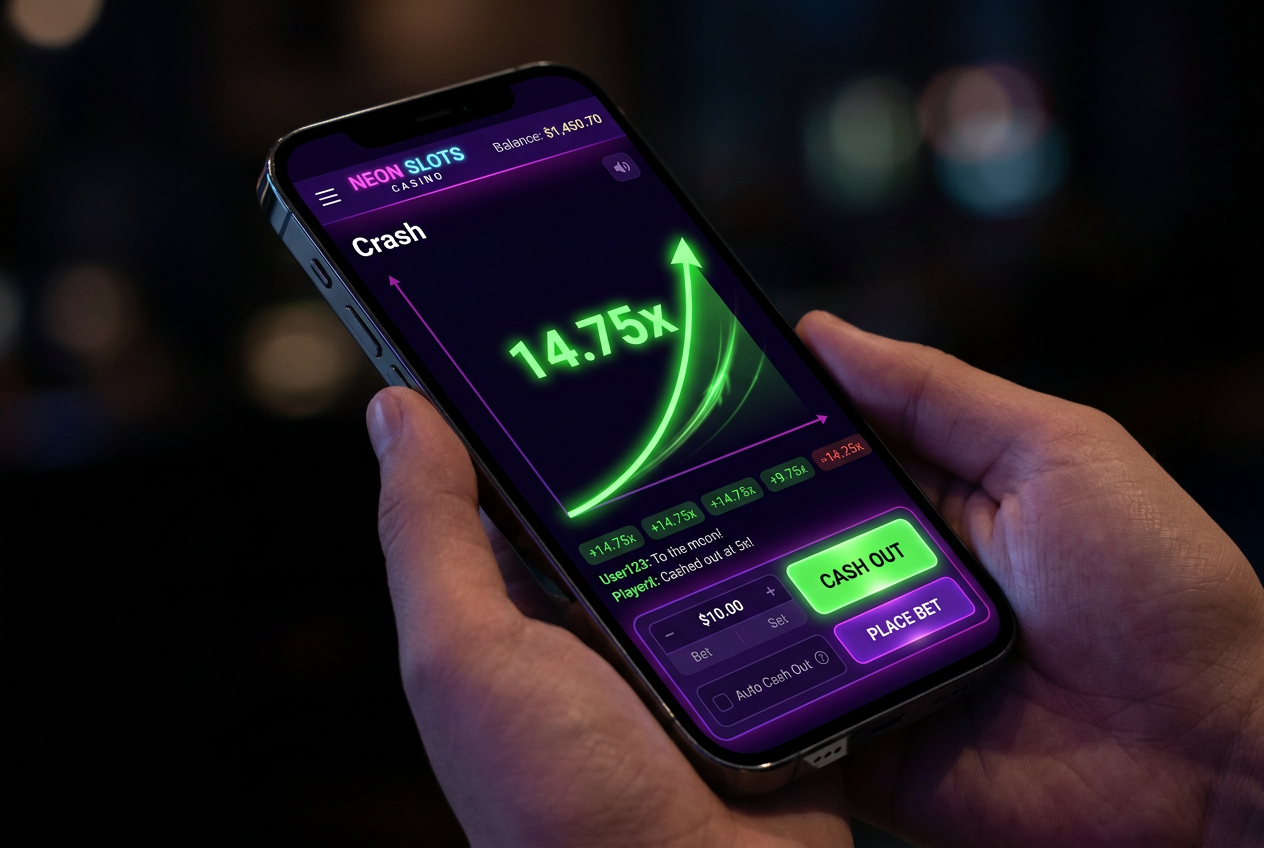 Smartphone displaying a modern PWA casino interface with a crash game rising multiplier