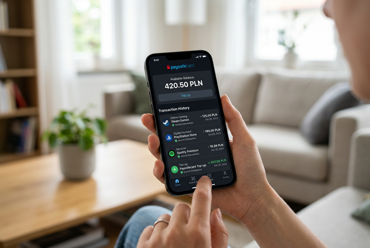 Aplikacja mobilna My Paysafecard wyświetlająca saldo i historię transakcji na smartfonie