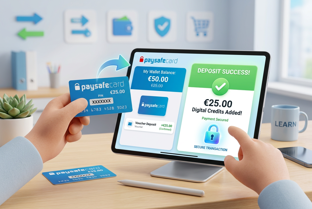 Infografika przedstawiająca proces wpłaty Paysafecard do kasyna online przy użyciu 16-cyfrowego kodu PIN