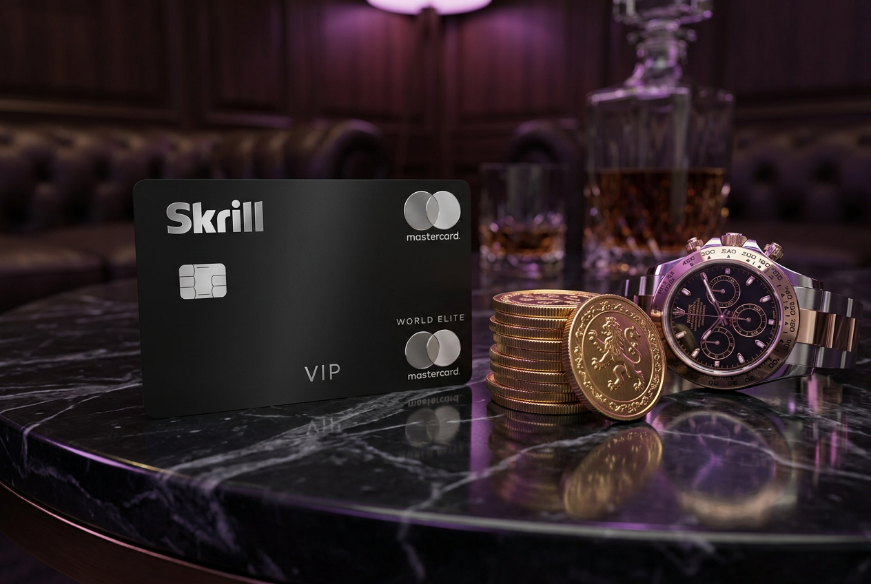 Karta Skrill Mastercard i złote monety symbolizujące status VIP